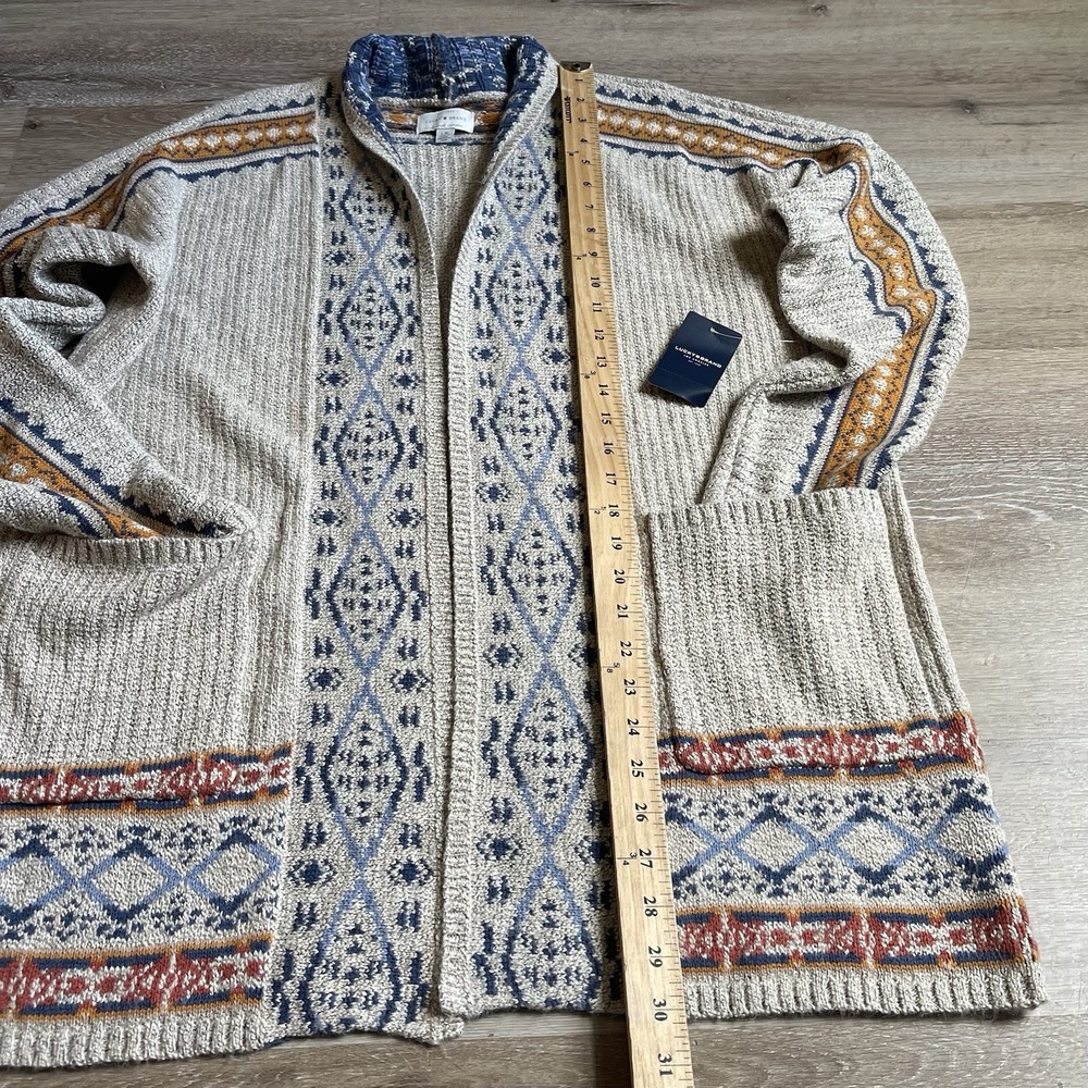 Lucky Brand Cardigan Women L Open Front Geometric Aztec Beige Boho Pockets Long - Picture 2 of 10